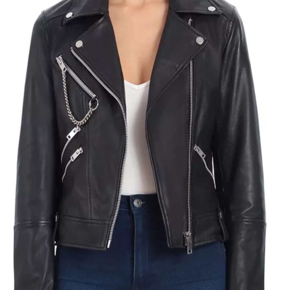 Genuine Leather Black Moto Biker Jacket Avec Les Filles